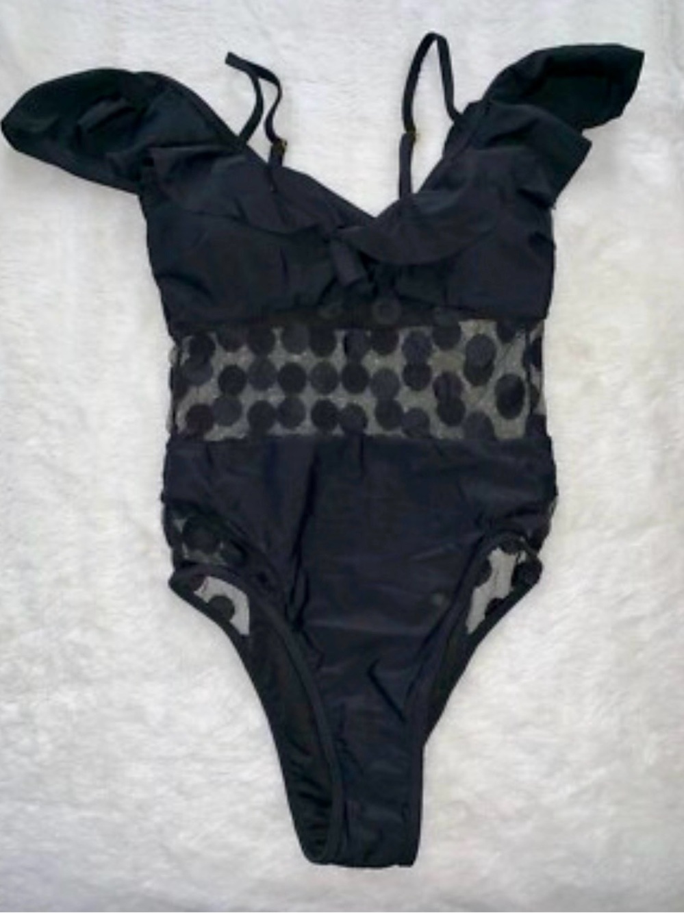 Black Ruffle-Shoulder One-Piece Swimsuit with Polka Mesh Waist